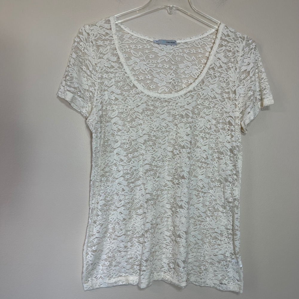 Maurices Ivory Floral Lace Scoop Neck Short Sleeve Top Sheer Size 1‎ 1X